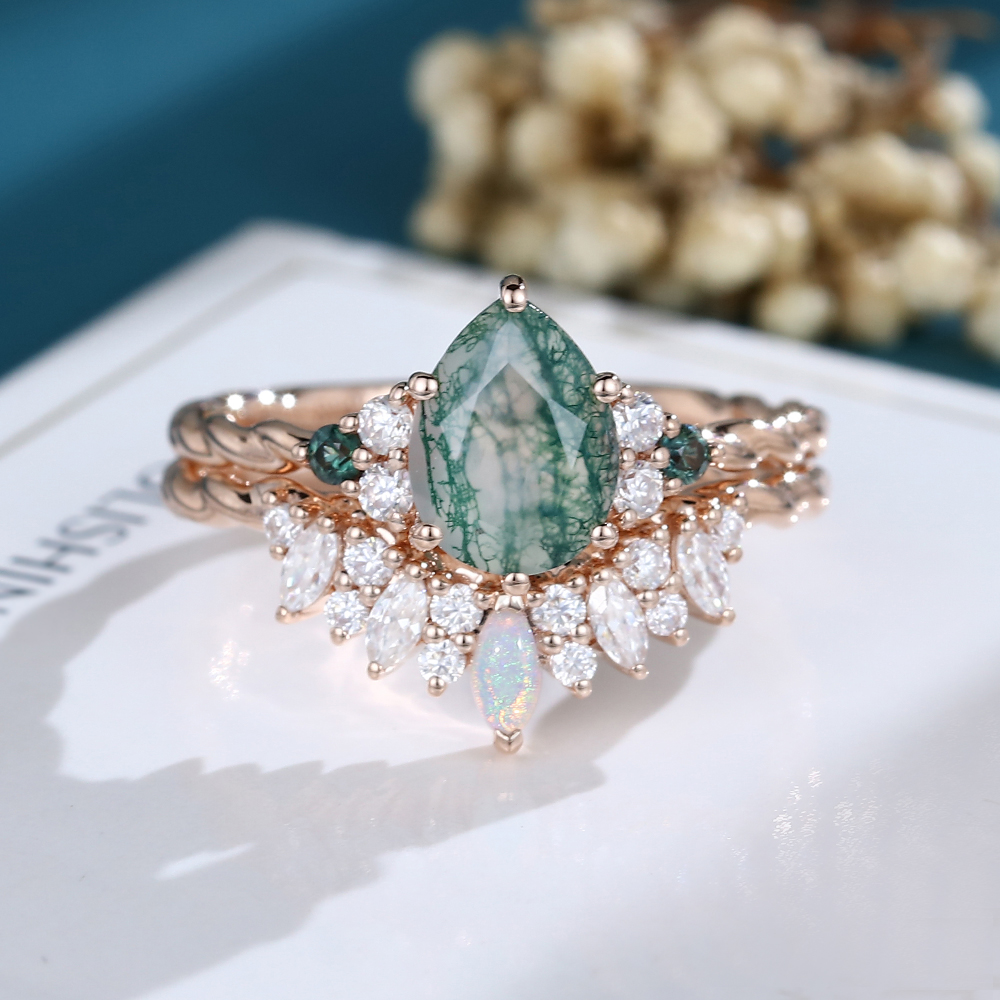 LisaJewelryUS 2PCS Pear Shaped Moss Agate Rose Gold Twisted Engagement Ring Set