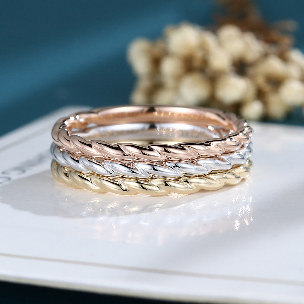 LisaJewelryUS Solid Gold 3PCS Simple Stacking Wedding Bands for Women