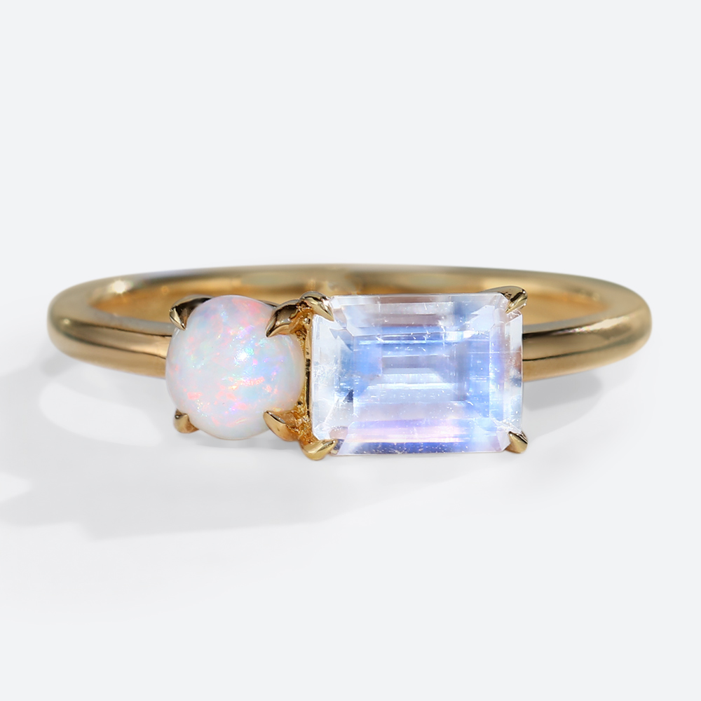 Opal & Moonstone Twin Stone Ring Toi et Moi Simple Promise Ring in Yellow Gold