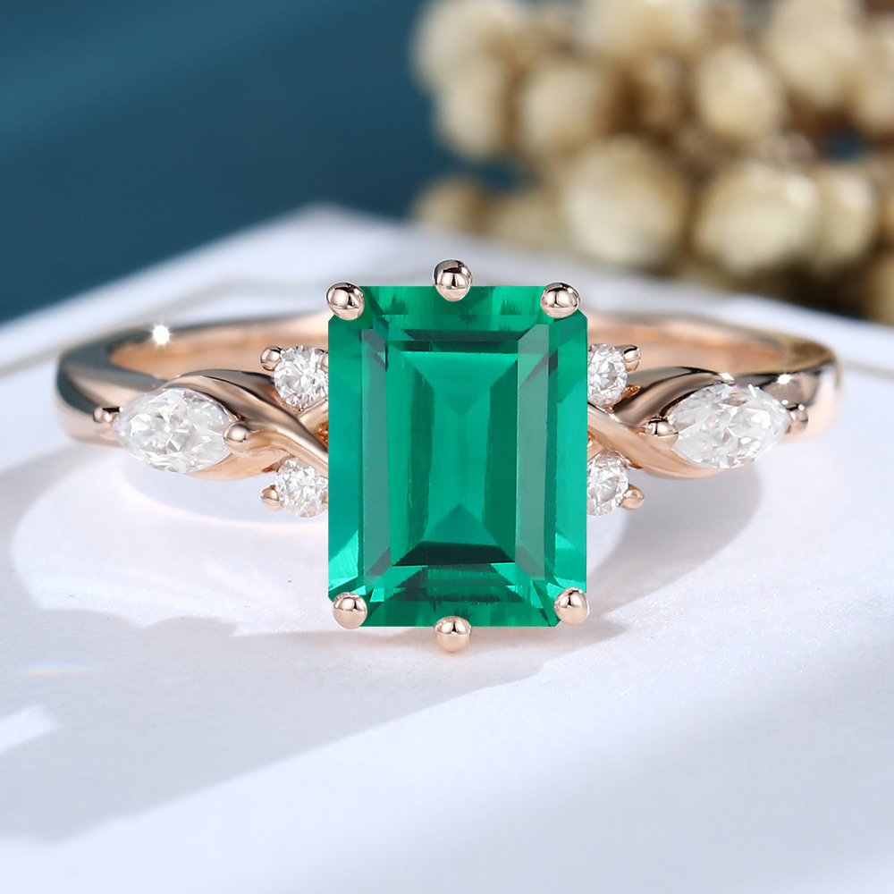 LisaJewelryUS Emerald Cut Emerald Rose Gold Engagement Ring