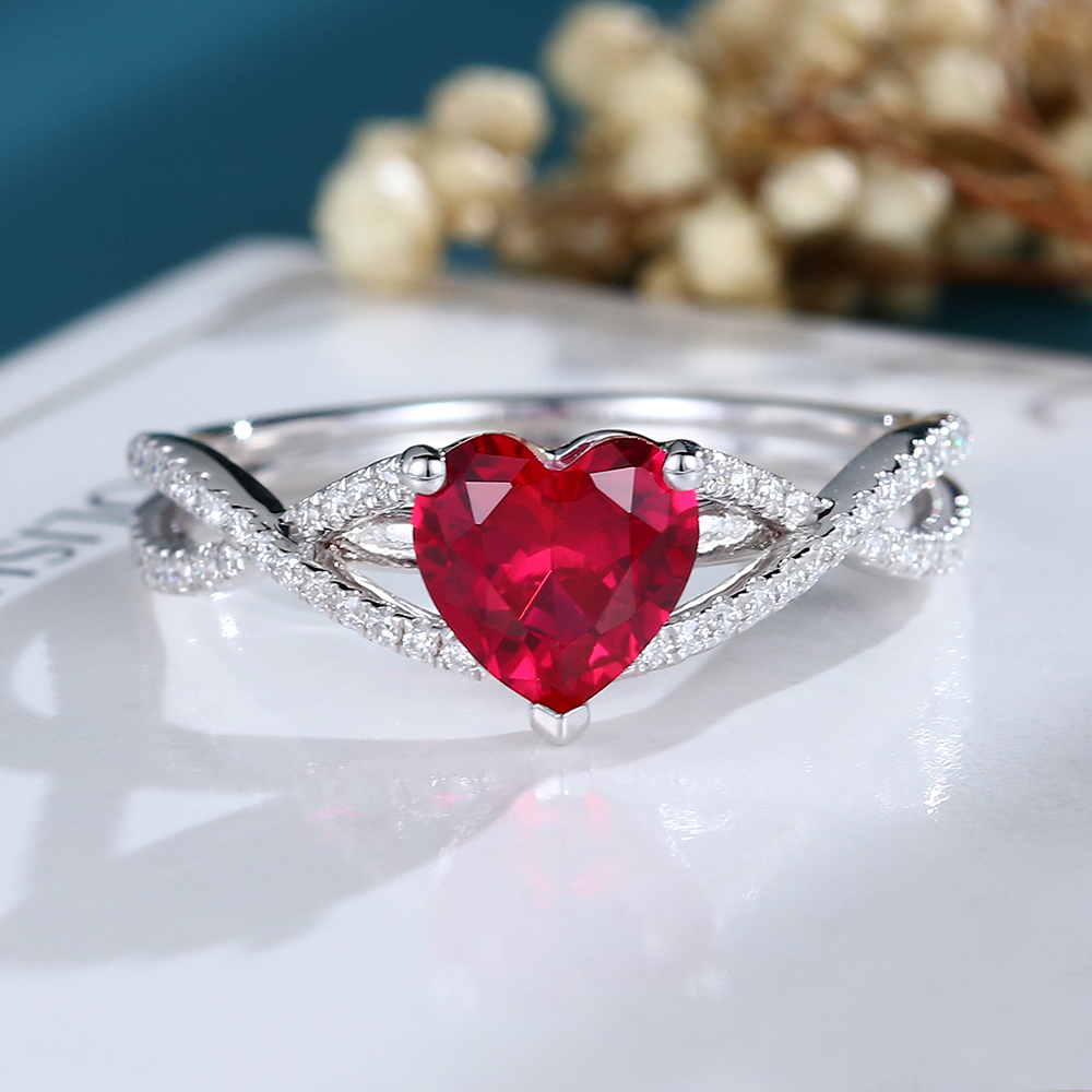 LisaJewelryUS Heart Cut Ruby Engagement Ring Vintage White Gold