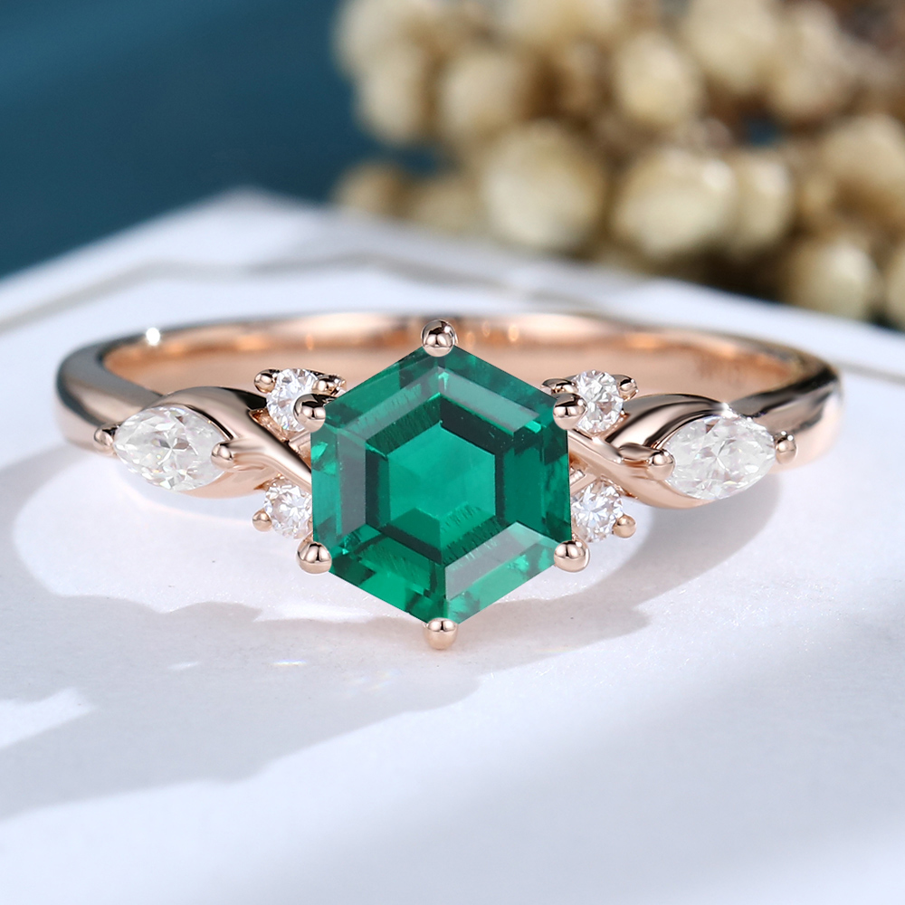LisaJewelryUS Hexagon Cut Emerald Rose Gold Engagement Ring
