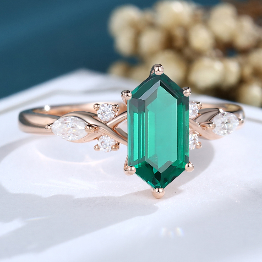 LisaJewelryUS Long Hexagon Cut Emerald Rose Gold Engagement Ring
