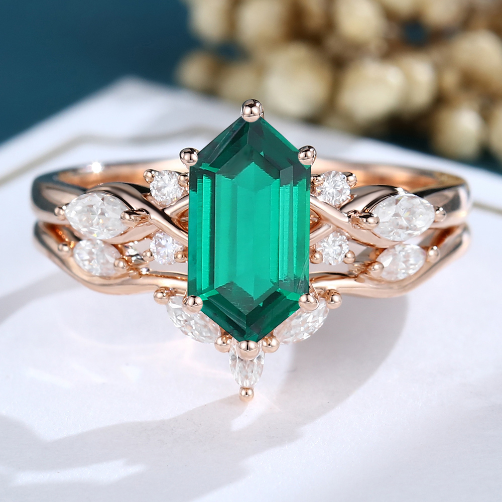 LisaJewelryUS Long Hexagon Cut Lab Grown Emerald Wedding Band Set Rose Gold