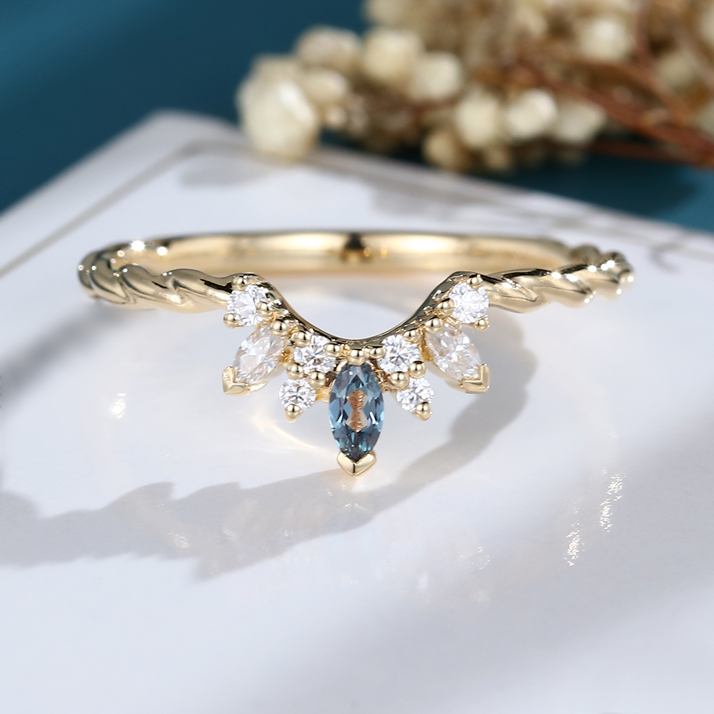 LisaJewelryUS Marquise Alexandrite and Diamond Yellow Gold 3/4 Eternity Twisted Curved Matching Wedding Band