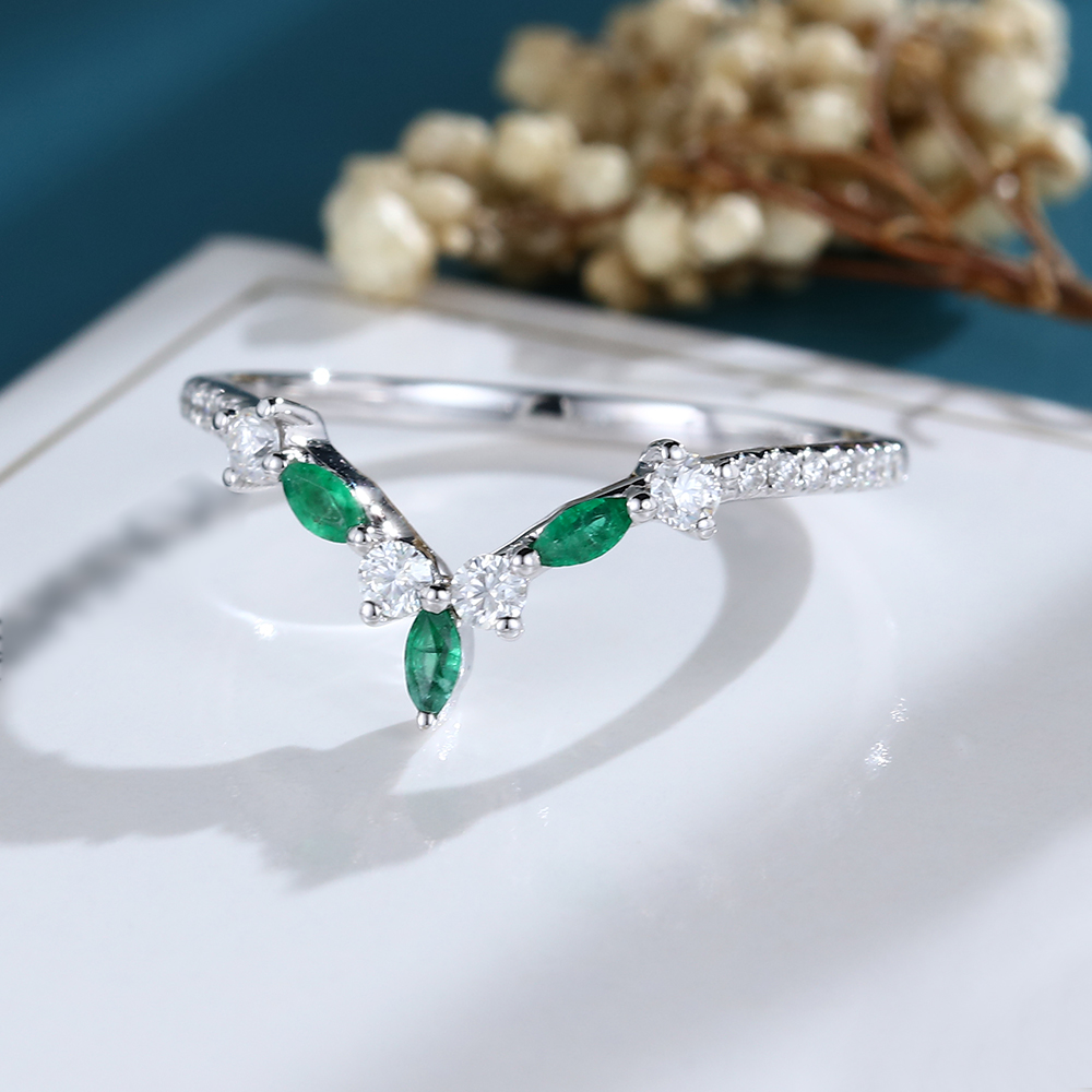 LisaJewelryUS Marquise Cut Emerald White Gold Moissanite Half Eternity Curved Matching Wedding Band