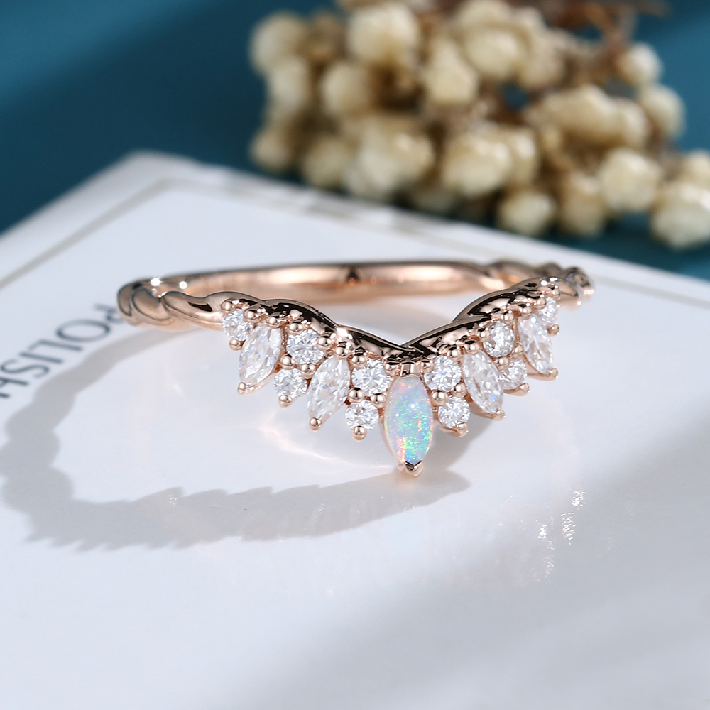 LisaJewelryUS Marquise Cut Opal Rose Gold 3/4 Eternity Twisted Moissanite Curved Matching Wedding Band