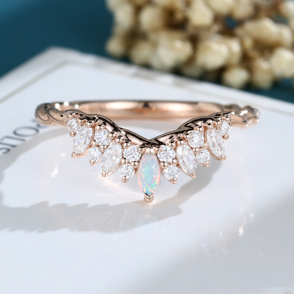 LisaJewelryUS Marquise Cut Opal Rose Gold 3/4 Eternity Twisted Moissanite Curved Matching Wedding Band