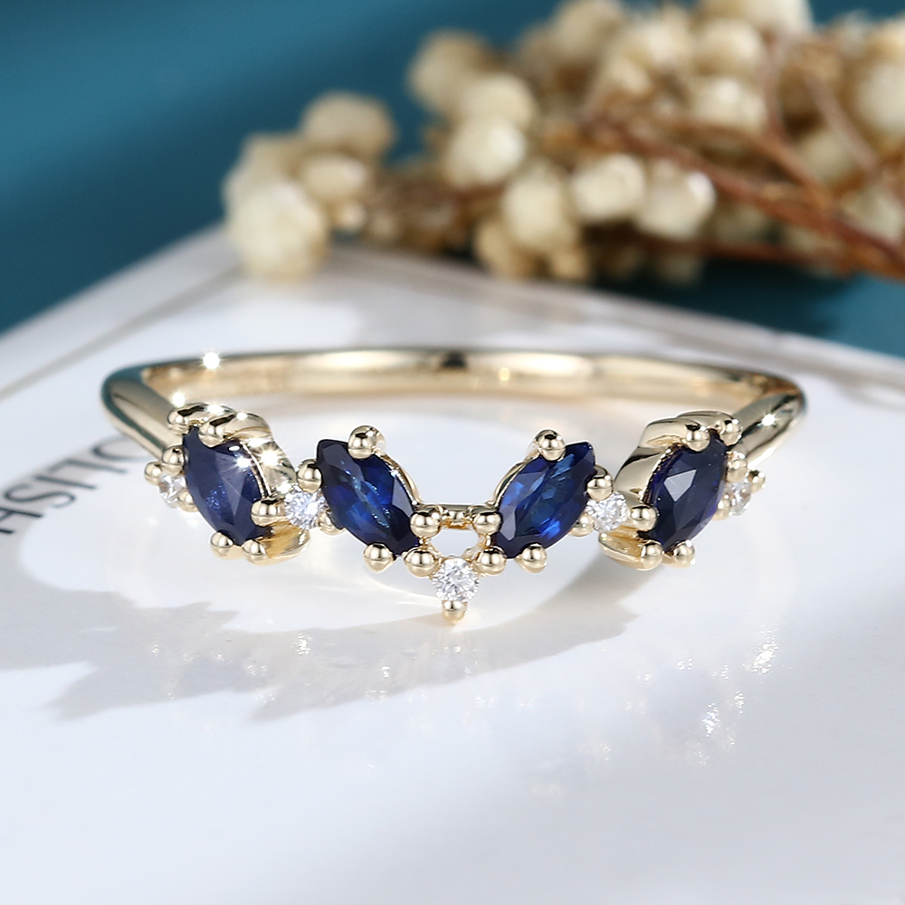 LisaJewelryUS Marquise Cut Sapphire Solid Gold Curved Matching Wedding Band