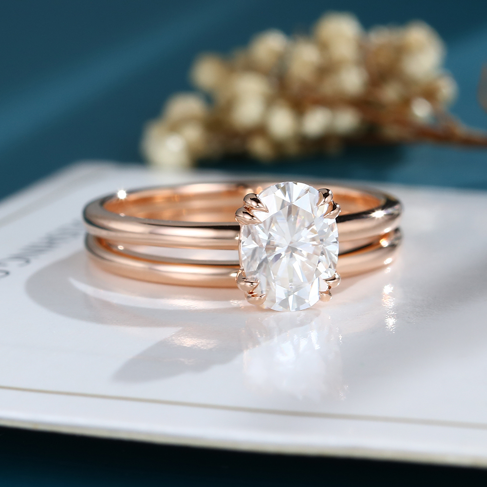 LisaJewelryUS Oval Cut 1.40ct Lab Grown Diamond Solitaire Engagement Ring Set In14K Rose Gold 4