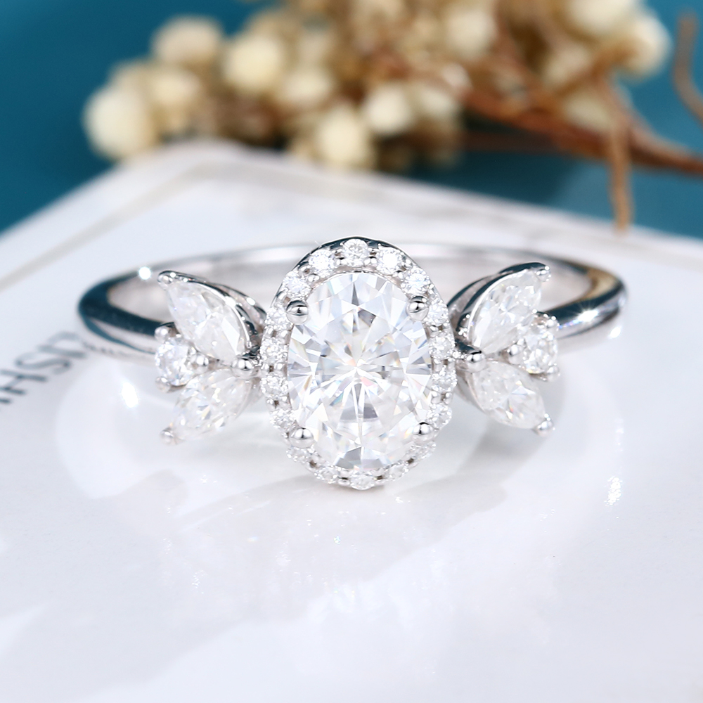 LisaJewelryUS Oval Cut Lab Diamond White Gold Halo Engagement Ring