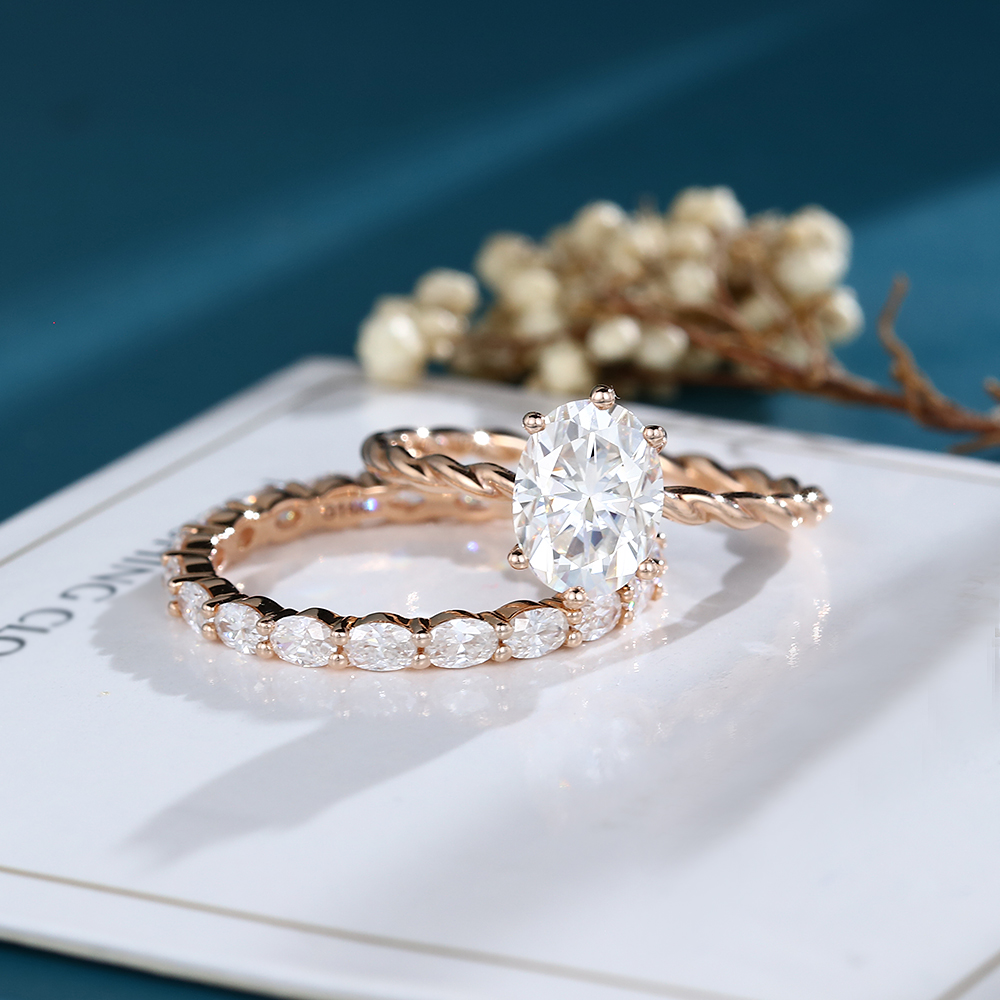 LisaJewelryUS Oval Cut Lab Grown Diamond Rose Gold Full Eternity Engagement Ring Set