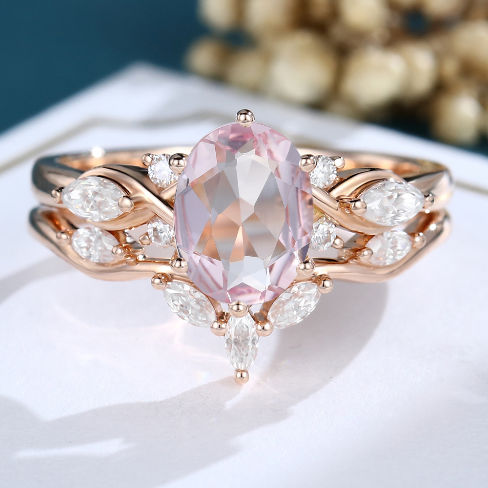 LisaJewelryUS Oval Cut Morganite Rose Gold Engagement Ring Set