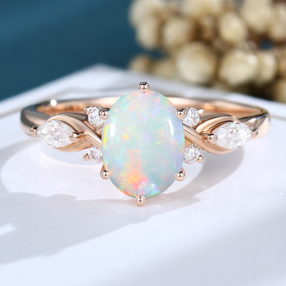 LisaJewelryUS Oval Cut Opal Rose Gold Vintage Engagement Ring