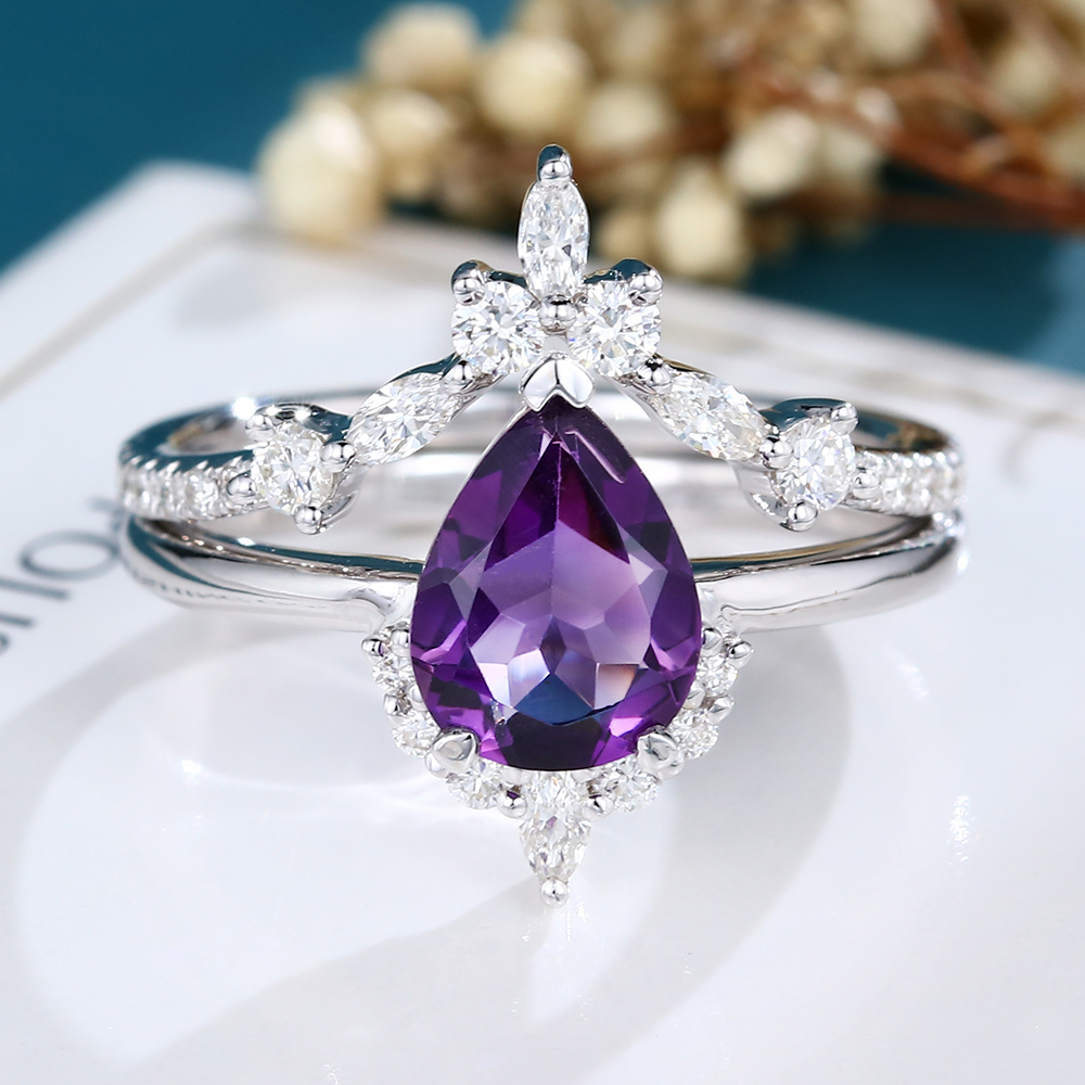 LisaJewelryUS Pear Shaped Amethyst White Gold Engagement Ring Set