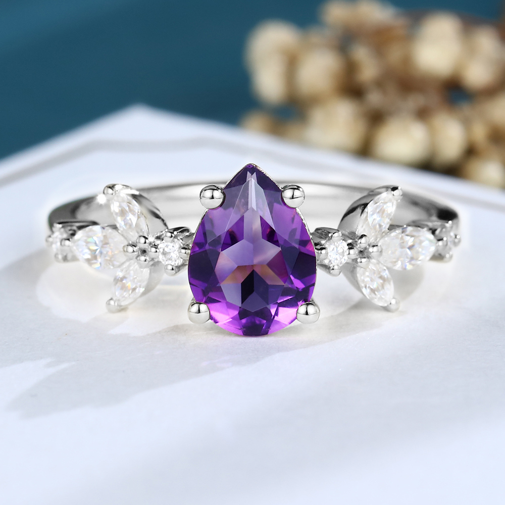 LisaJewelryUS Pear Shaped Amethyst White Gold Engagement Ring