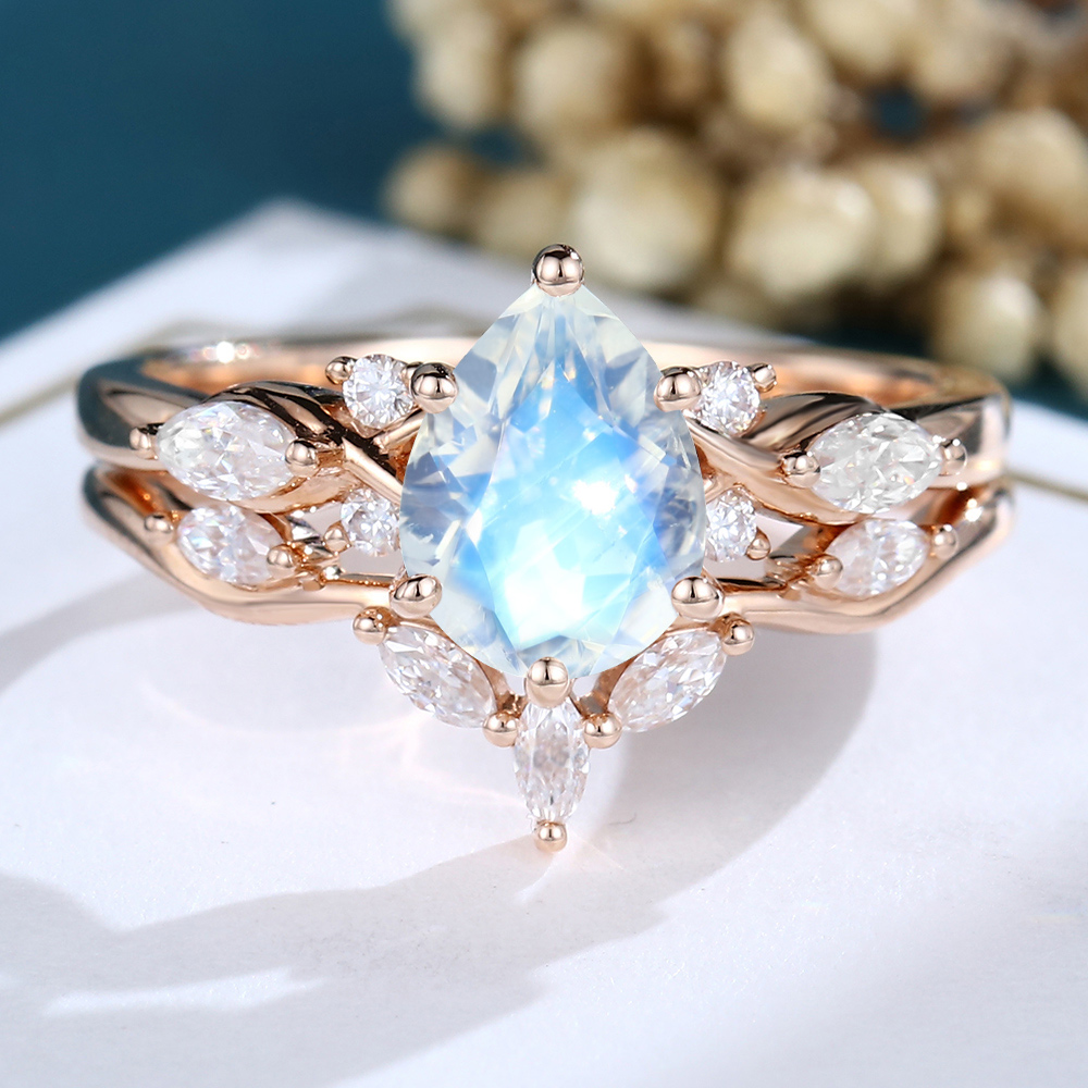 LisaJewelryUS Pear Shaped Moonstone Rose Gold Engagement Ring Set