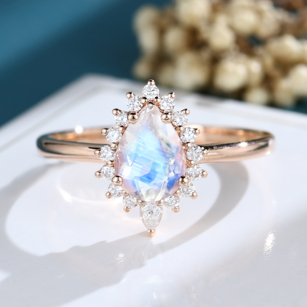 LisaJewelryUS 14K Rose Gold Pear Shaped Moonstone and Diamond Engagement Ring