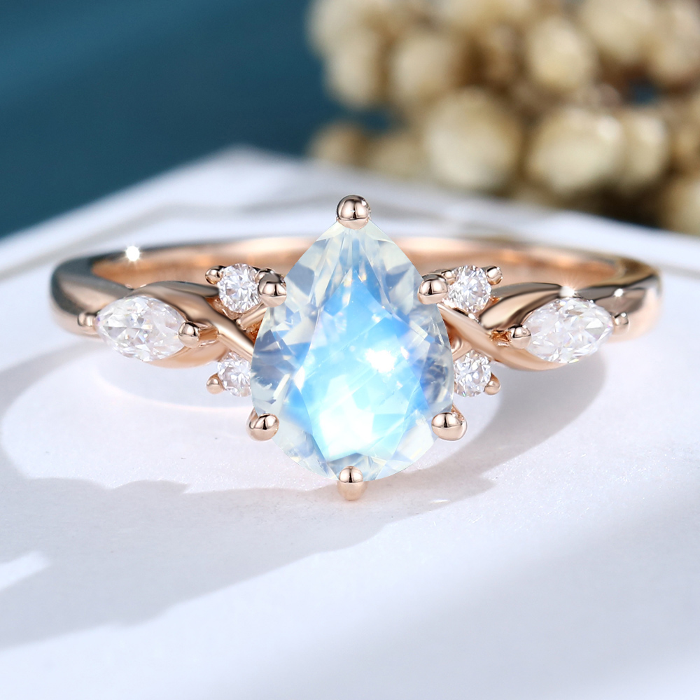 LisaJewelryUS 14K Rose Gold Pear Shaped Moonstone Engagement Ring Vintage Gift