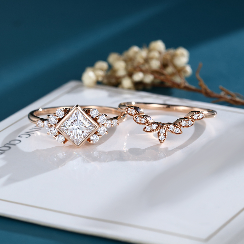 LisaJewelryUS Princess Cut Lab Grown Diamond Rose Gold Leaf Engagement Ring Set