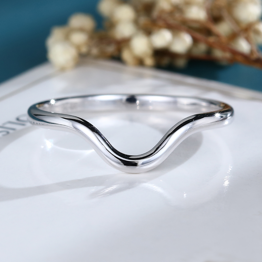 LisaJewelryUS Simple Solid White Gold Curved Matching Wedding Band