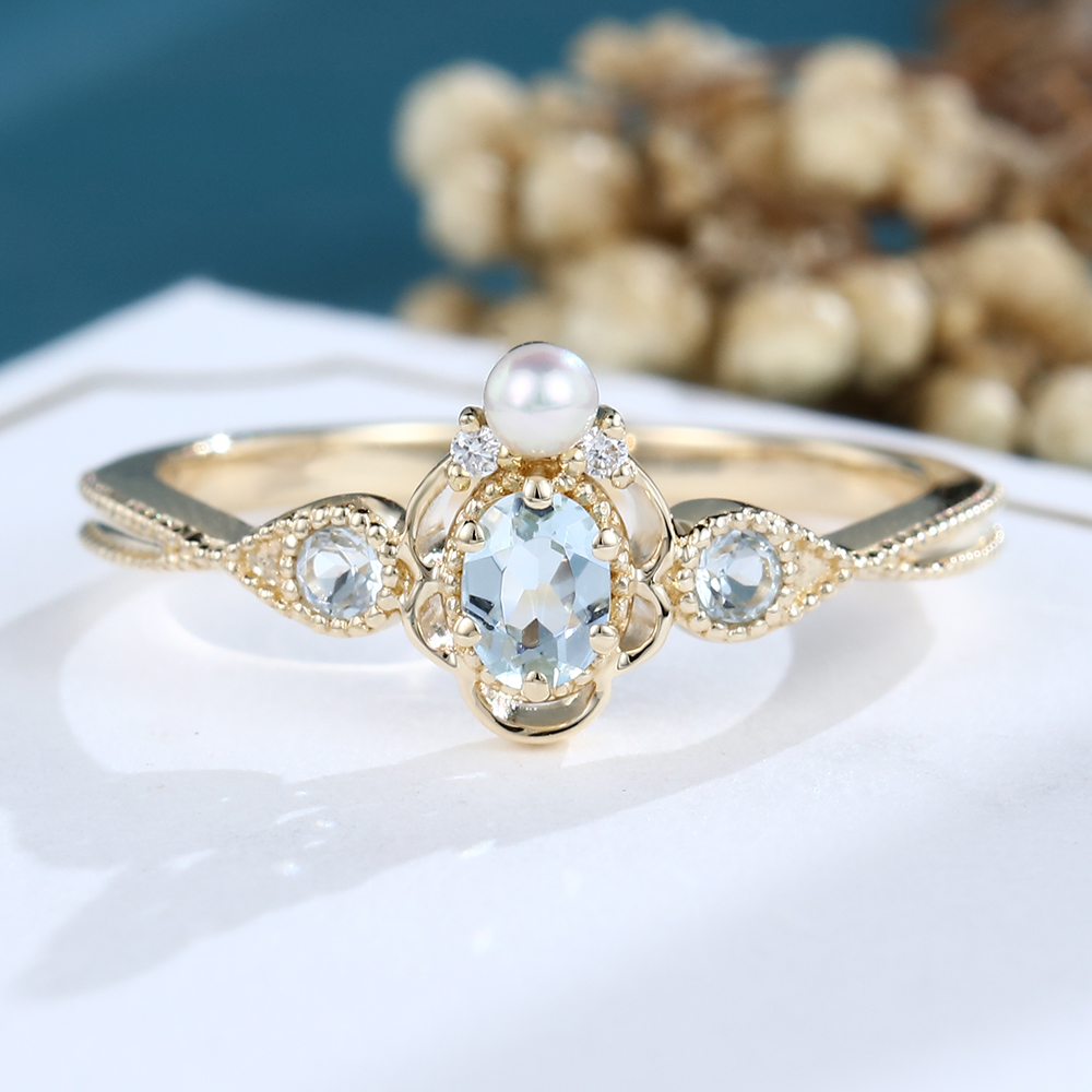 LisaJewelryUS Unique Aquamarine & Pearl Solid Gold Vintage Engagement Ring