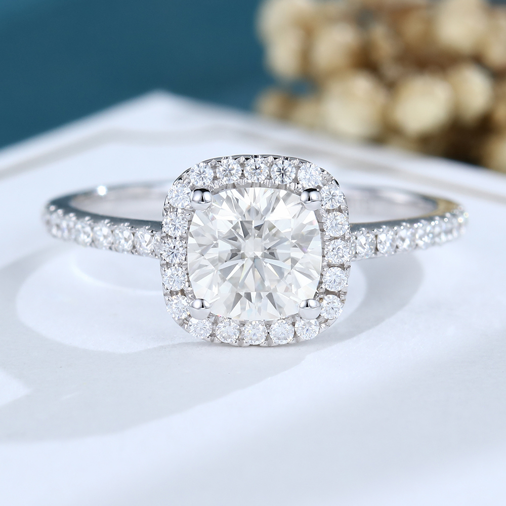 LisaJewelryUS White Gold Cushion Cut Lab Grown Diamond Halo Engagement Ring