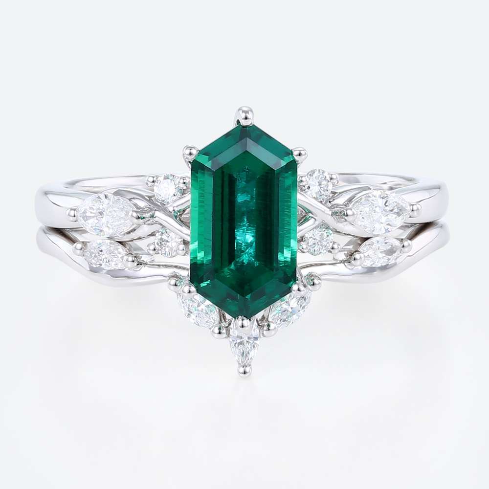 Long Hexagon Cut Lab Emerald Rings Set Vintage Engagement Ring Cluster Bridal Ring Set