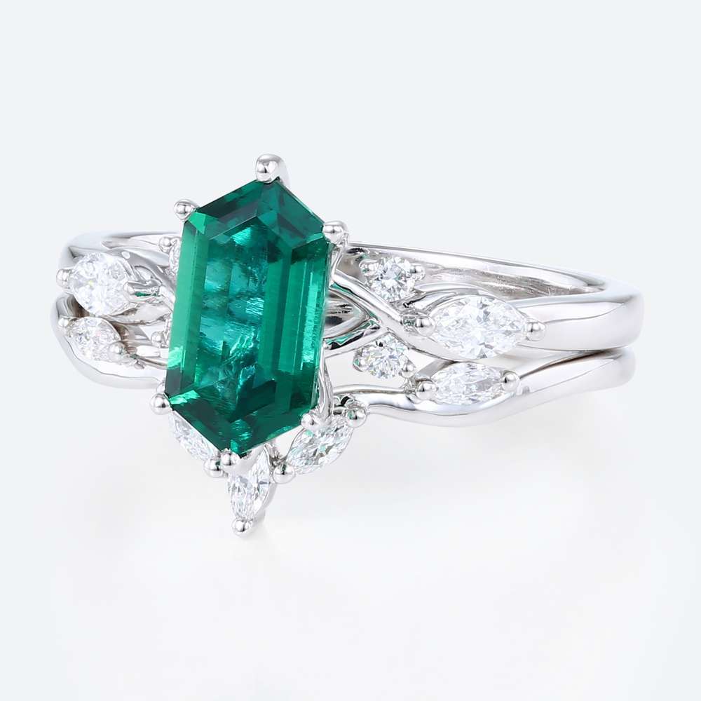 Long Hexagon Cut Lab Emerald Rings Set Vintage Engagement Ring Cluster Bridal Ring Set
