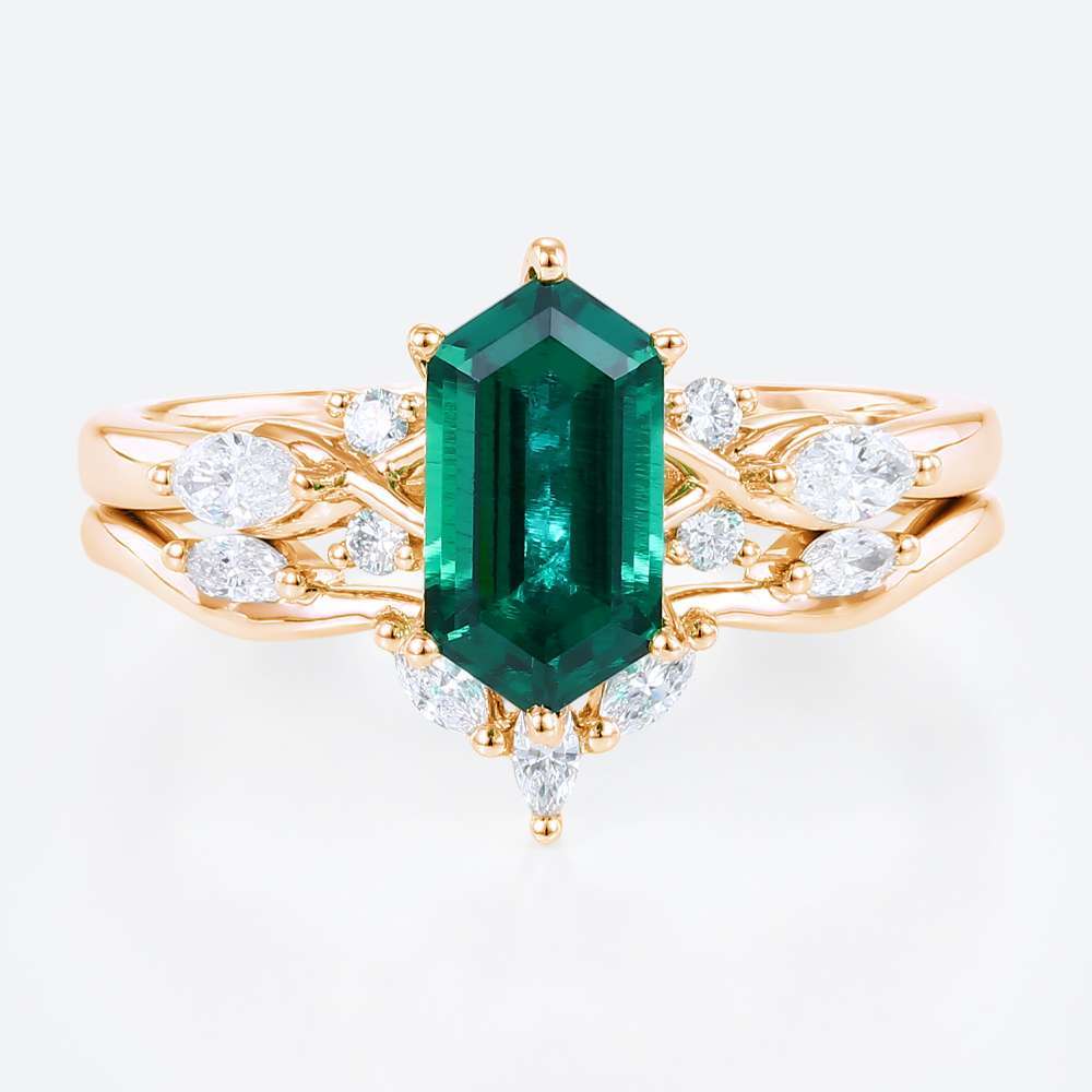 Rose Gold Long Hexagon Cut Lab Emerald Rings Set Vintage Engagement Ring Cluster Bridal Ring Set