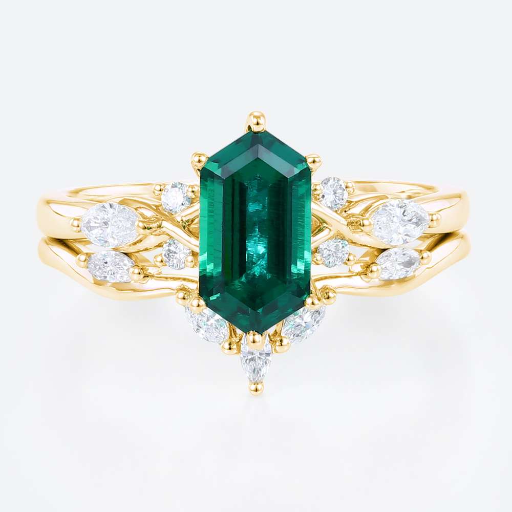 Yellow Gold Long Hexagon Cut Lab Emerald Rings Set Vintage Engagement Ring Cluster Bridal Ring Set