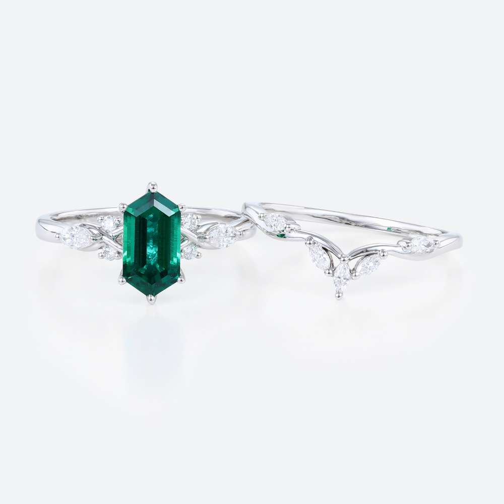 White Gold Long Hexagon Cut Lab Emerald Rings Set Vintage Engagement Ring Cluster Bridal Ring Set