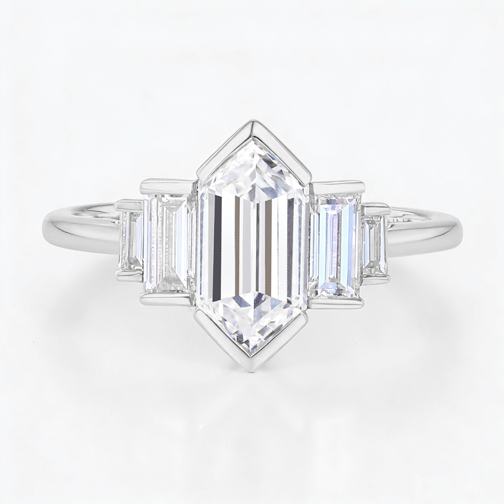Solid Gold Elongated-Hexagon Cut Lab Diamond Rings Baguette Accented Engagement Ring