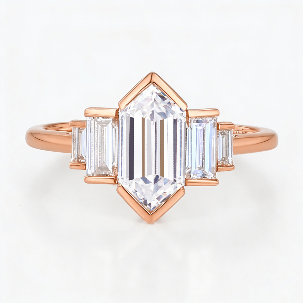 Solid Gold Elongated-Hexagon Cut Lab Diamond Rings Baguette Accented Engagement Ring