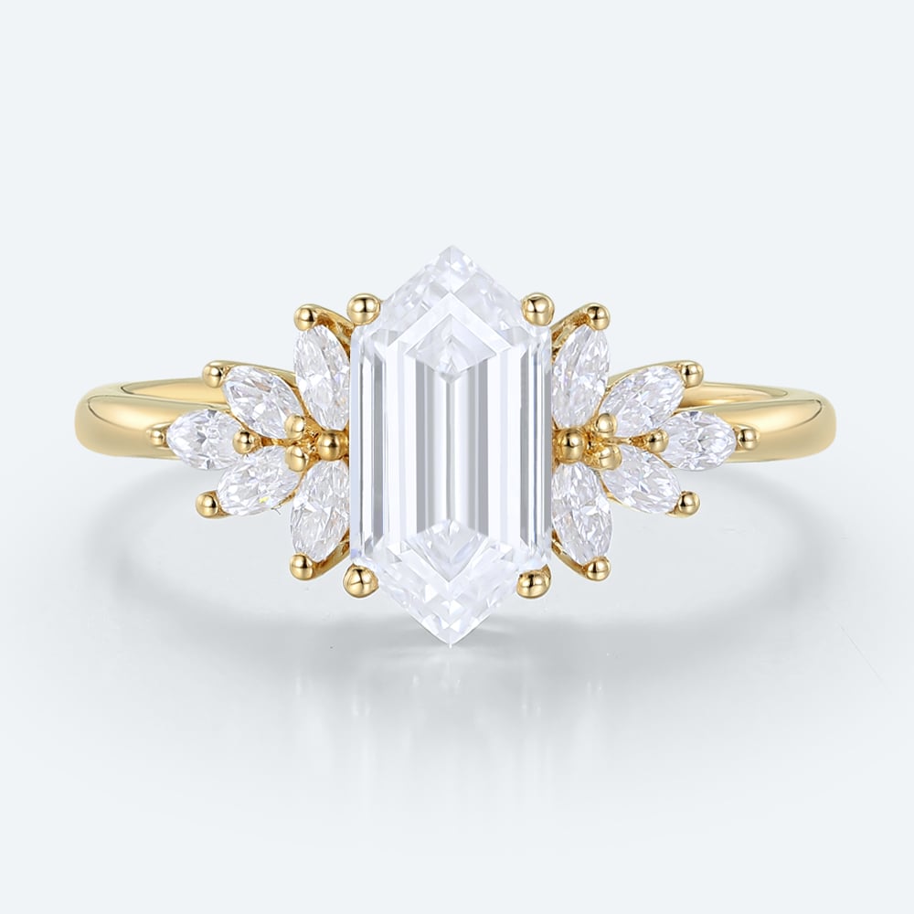 Unique Long Hexagon Lab Diamond Ring | Leafy Cluster Setting