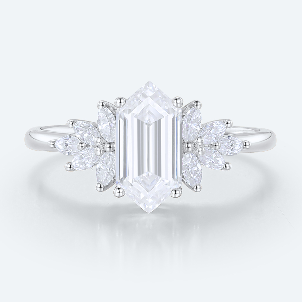 Unique Long Hexagon Lab Diamond Ring | Leafy Cluster Setting