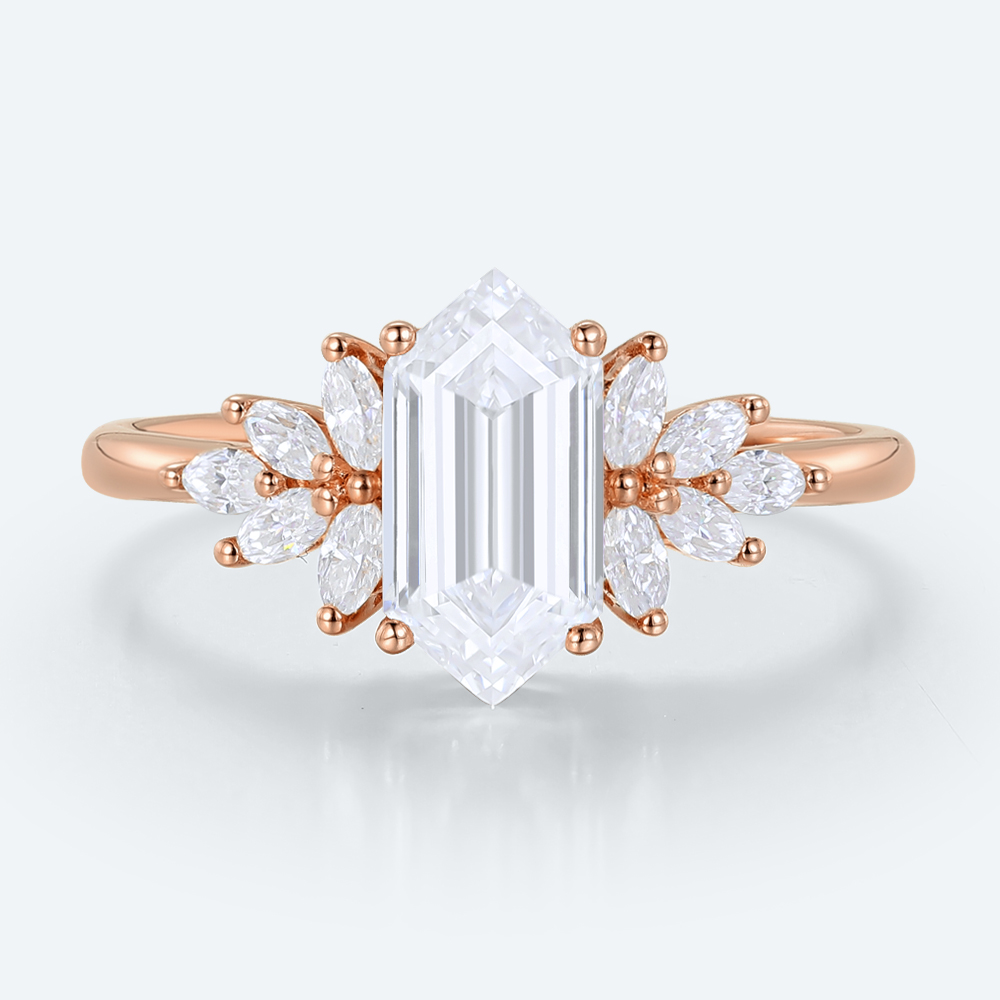 Unique Long Hexagon Lab Diamond Ring | Leafy Cluster Setting
