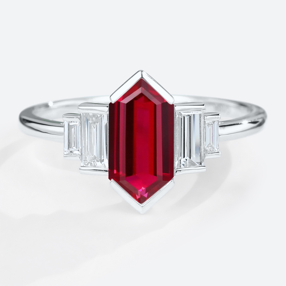 Lab Ruby Ring Unique Long Hexagon Cut Ruby Engagement Rings White Gold