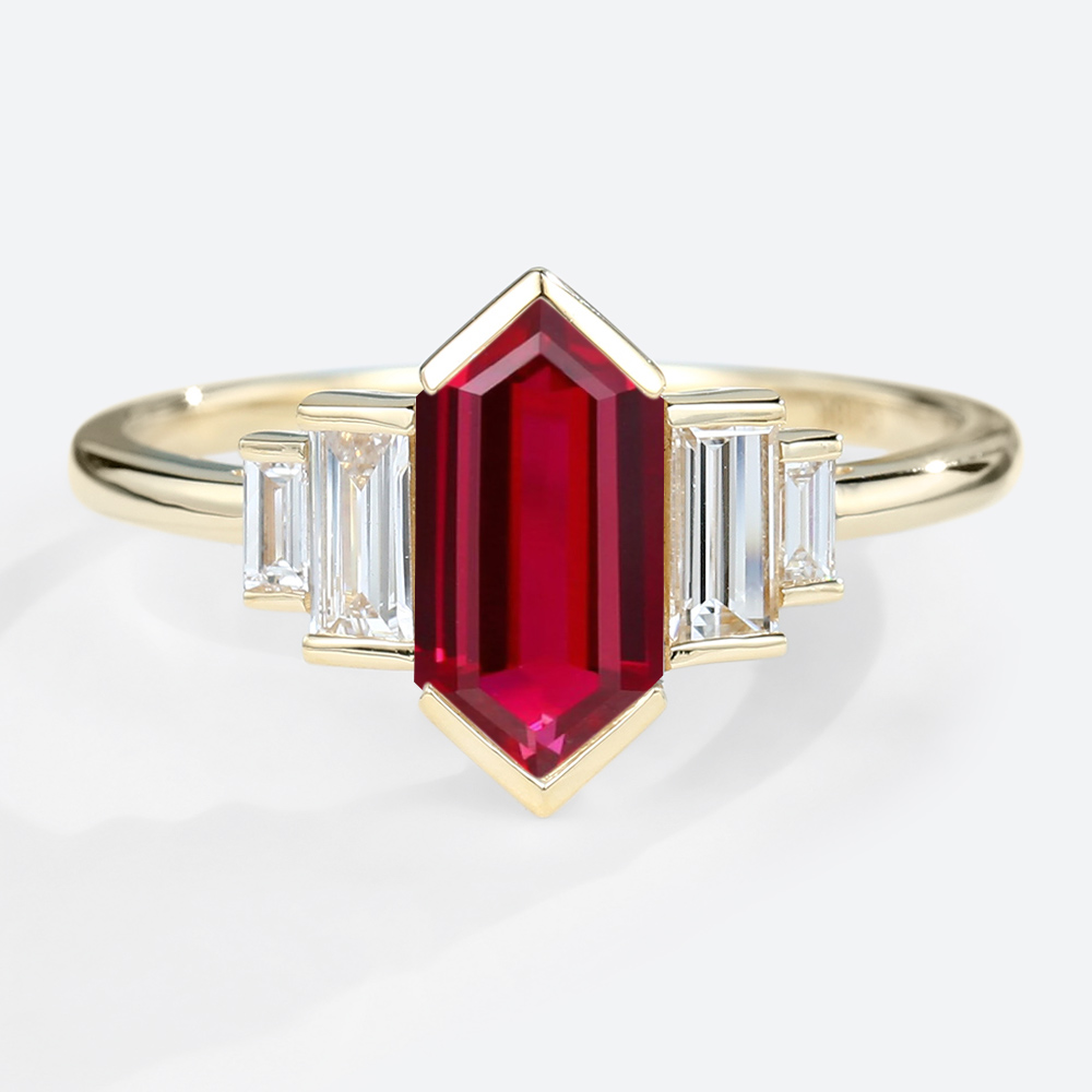Lab Ruby Ring Unique Long Hexagon Cut Ruby Engagement Rings Yellow Gold