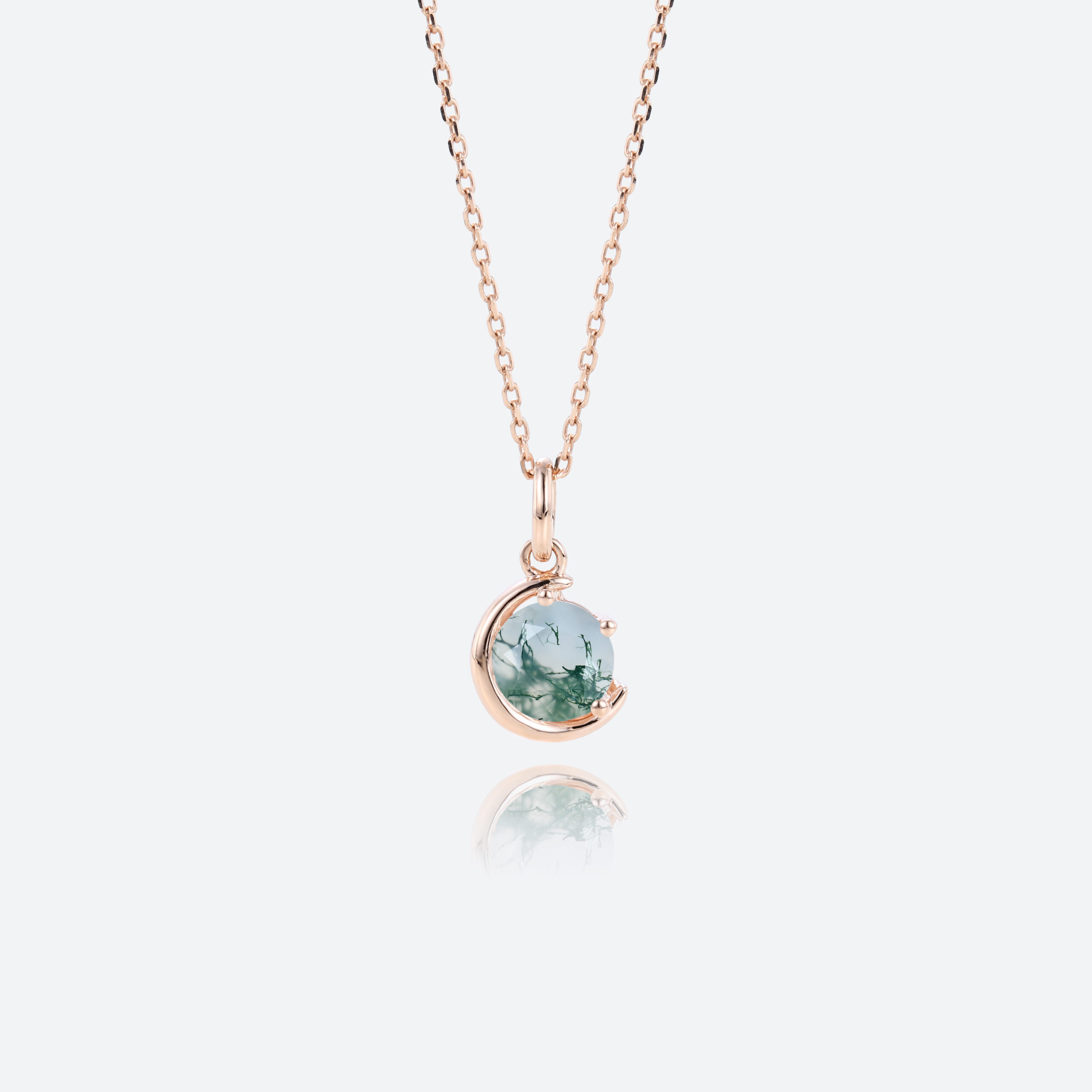 Lunar Crescent Pendant Necklace Round Cut Moss Agate Solitaire Necklace