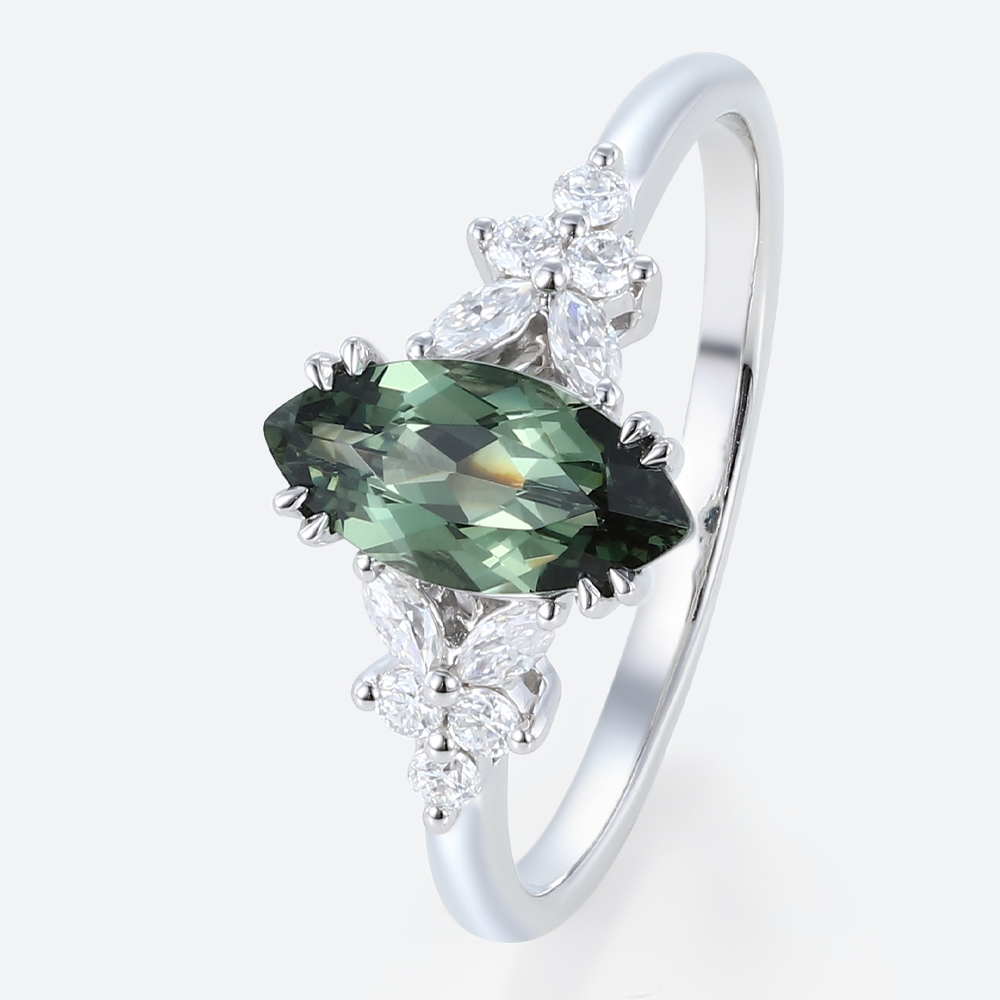 Marquise Cut Green Sapphire Engagement Ring 1.5ct Floral Cluster Ring in White Gold