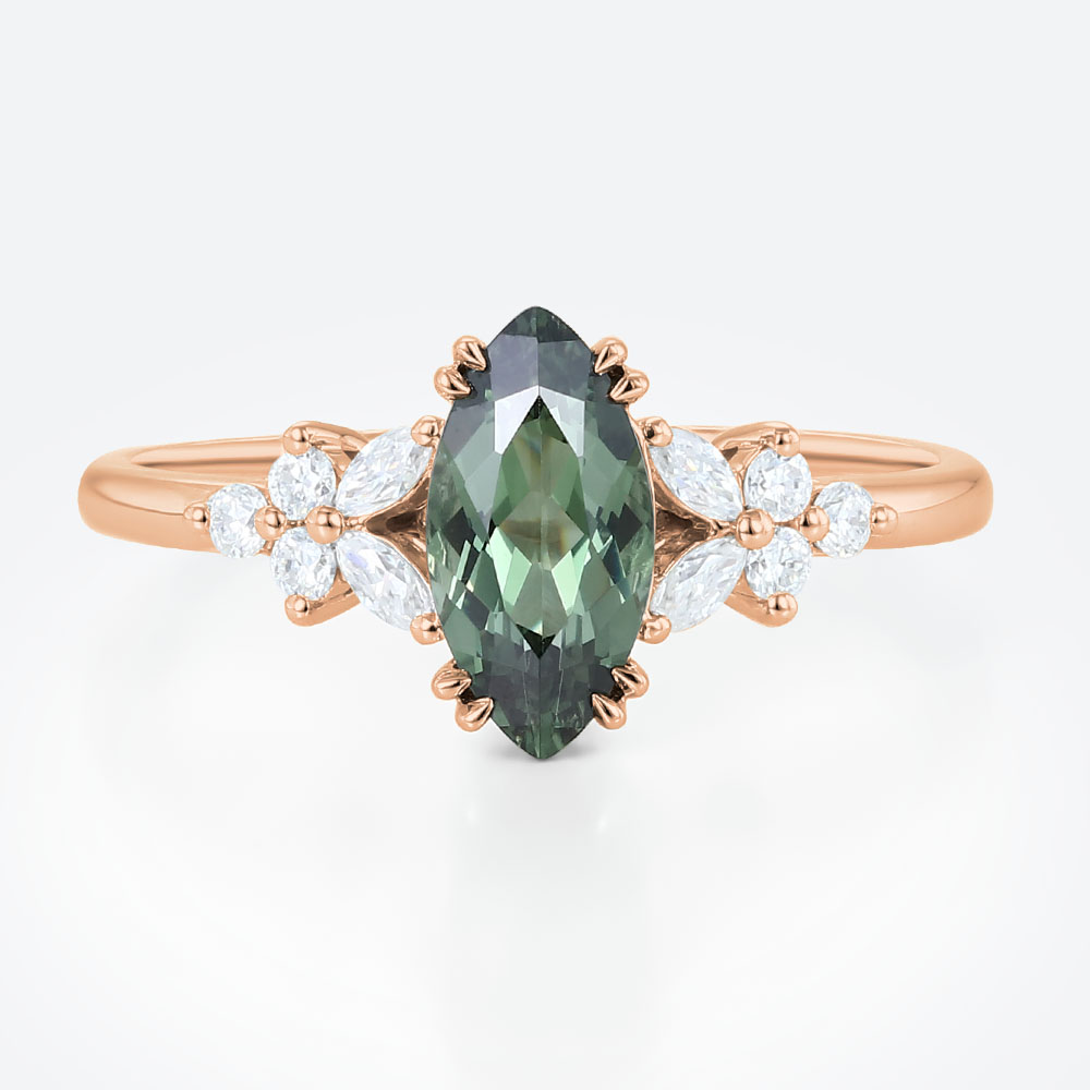 Marquise Cut Green Sapphire Engagement Ring 1.5ct Floral Cluster Ring in Rose Gold