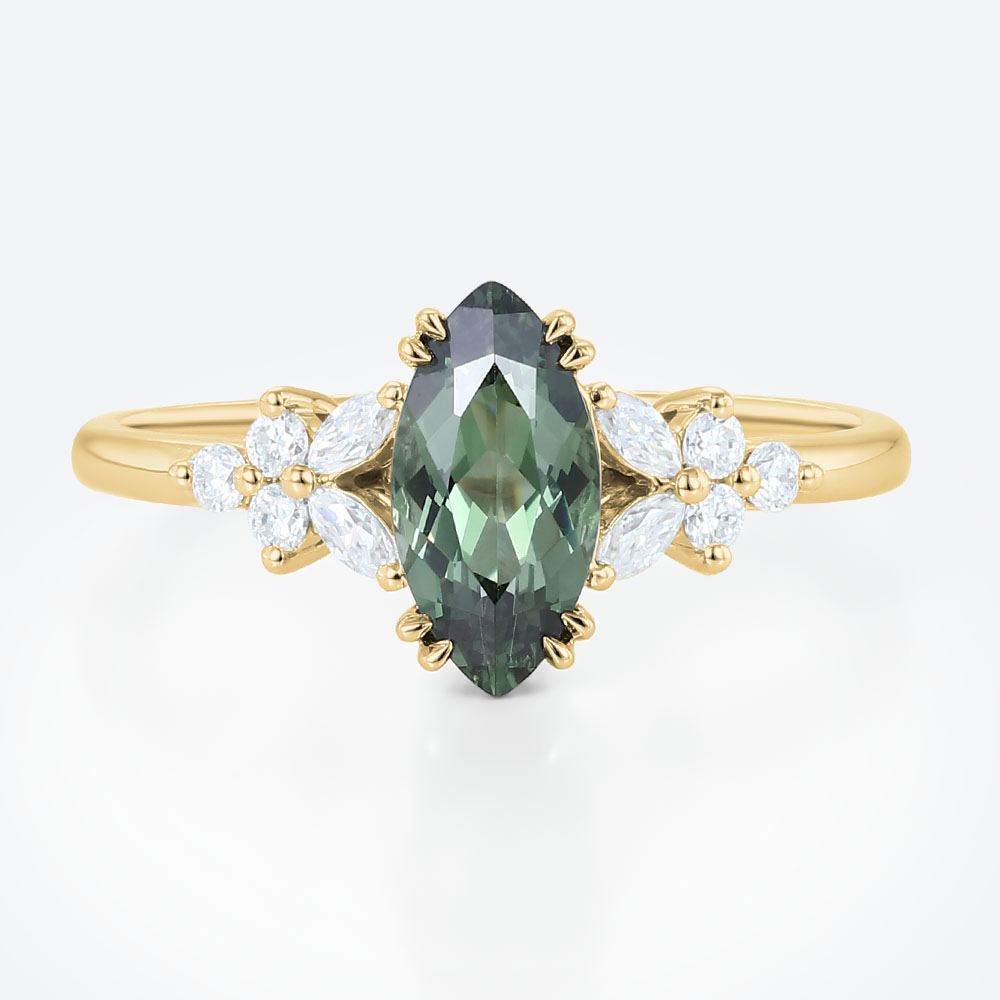 Marquise Cut Green Sapphire Engagement Ring 1.5ct Floral Cluster Ring in Yellow Gold