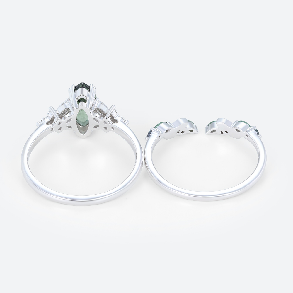1ct Marquise Green Sapphire Engagement Ring Set Floral Bridal Ring in White Gold