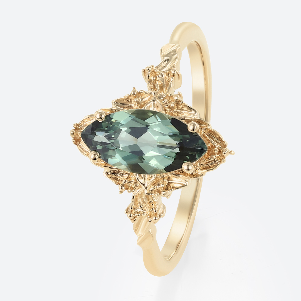 Marquise Green Sapphire Engagement Ring​ Organic-Style Solitaire Ring in Yellow Gold