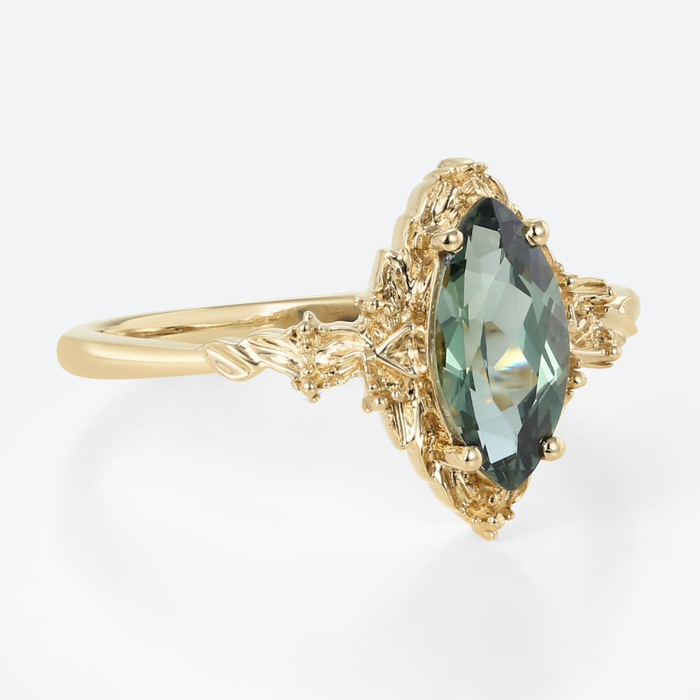 Marquise Green Sapphire Engagement Ring​ Organic-Style Solitaire Ring in Yellow Gold