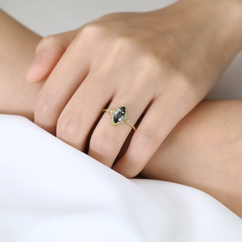 Marquise Green Sapphire Engagement Ring​ Organic-Style Solitaire Ring in Yellow Gold
