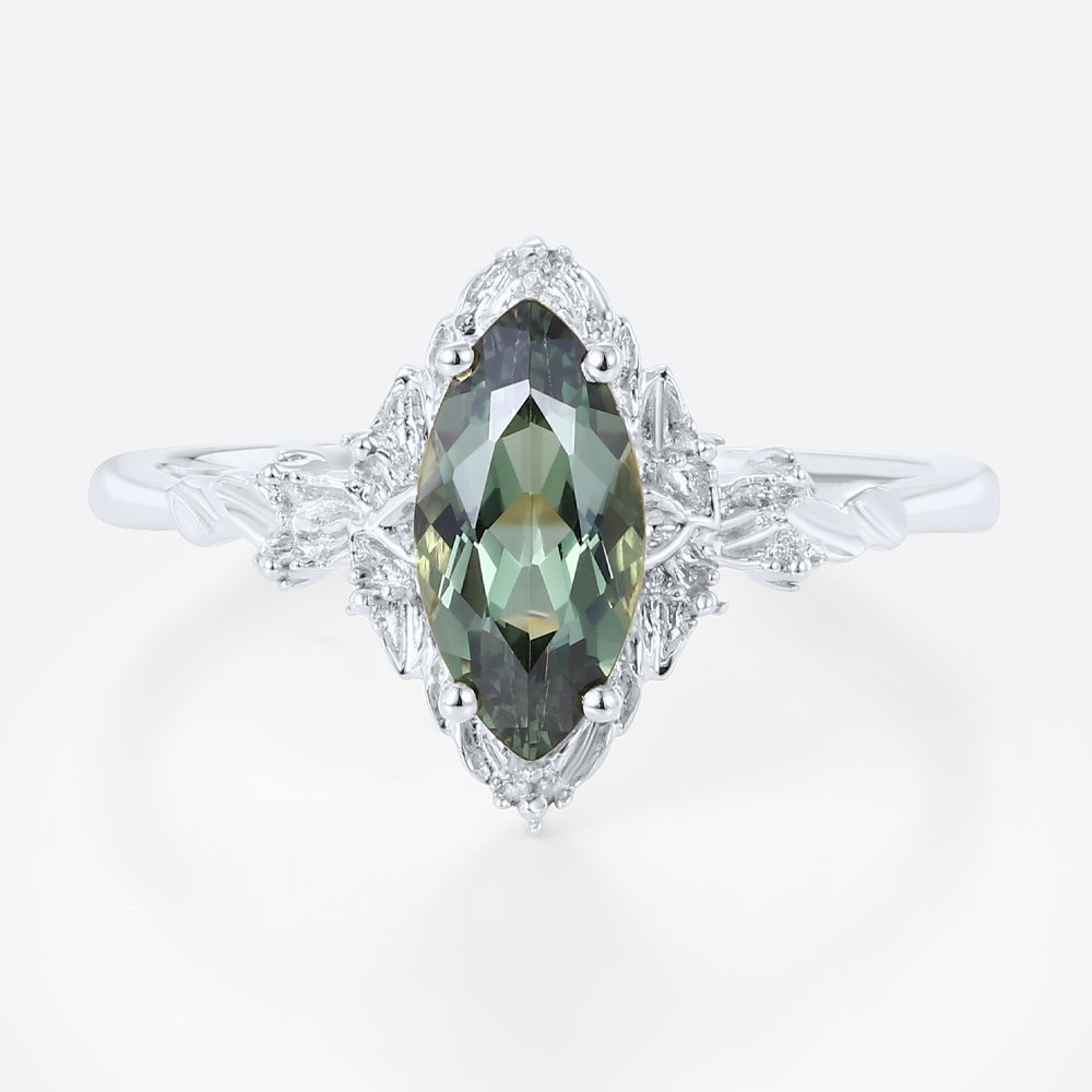 Marquise Green Sapphire Engagement Ring​ Organic-Style Solitaire Ring in White Gold