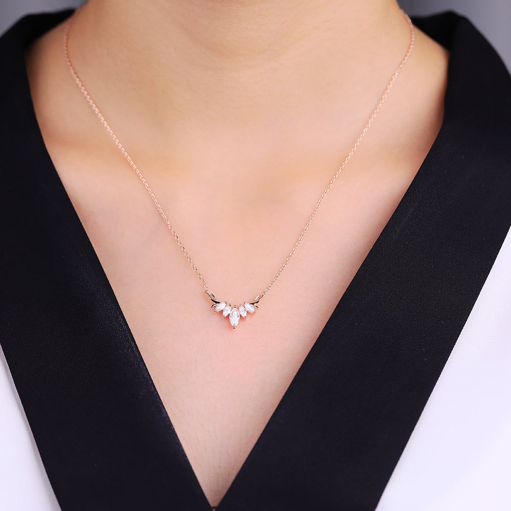 Marquise Lab Diamond Charming Necklace Olive Leaves Pendant