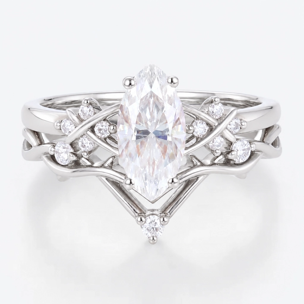 1ct Marquise Cut Lab Grown Diamond Infinity Bridal Ring Set with Three-Stone Contour Band in Rose Gold